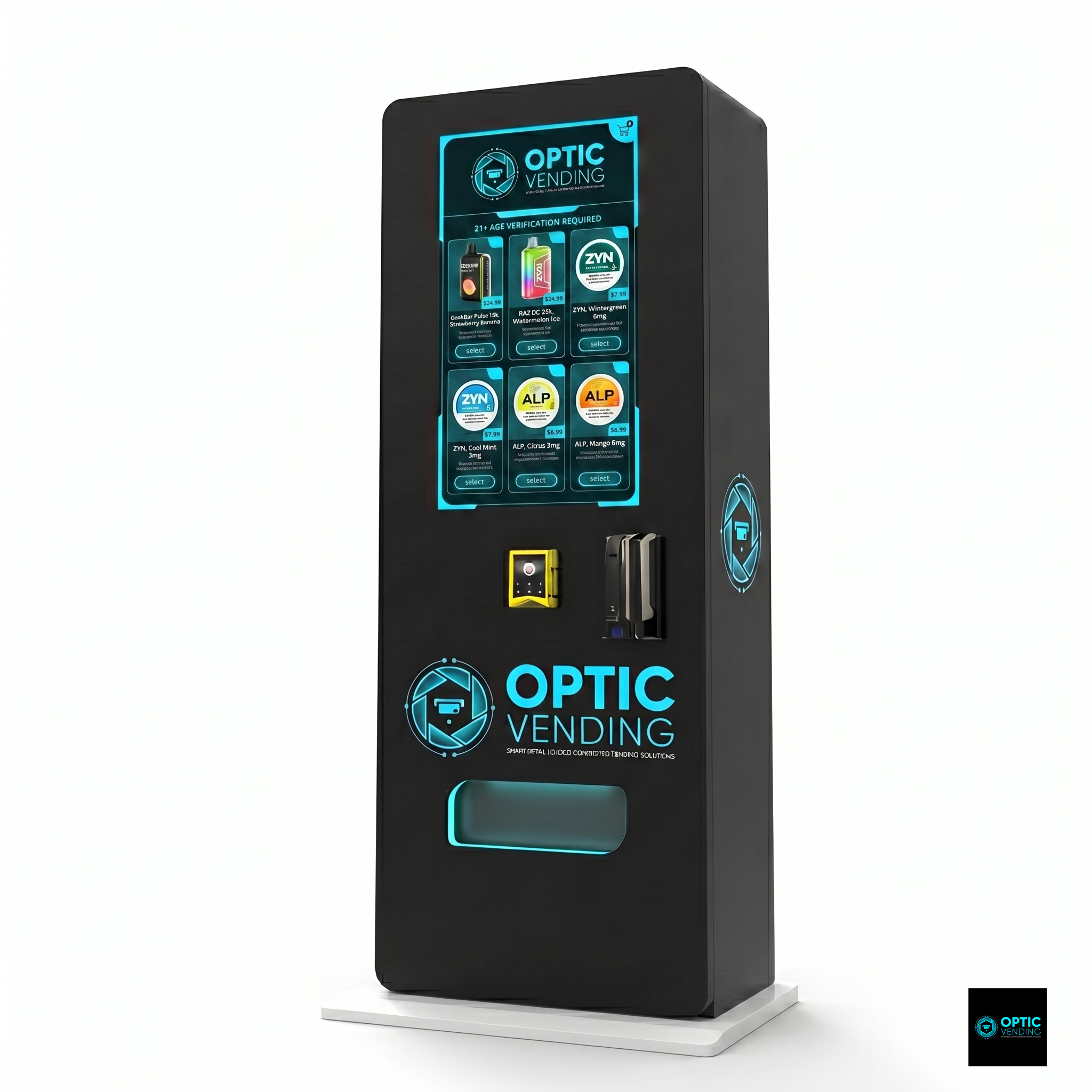 Optic Vending 32” Smart Touchscreen Free Standing Vape/Pouch Vending Machine